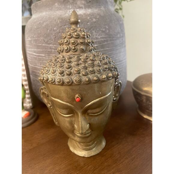 vintage Solid Brass Buddha head Asian with stone * Beautiful